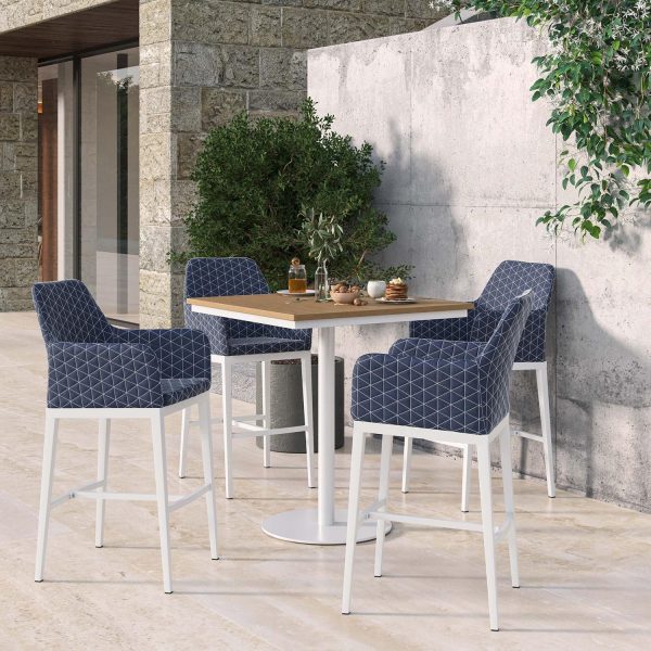 Oland 5 Pc Aluminum Bar Set W/ Natural Tekwood Table Top in Chalk/Quilted Spectrum Indigo By Oxford Garden