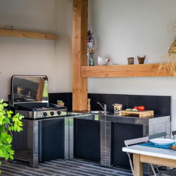 ENO 3 Burner Propane Plancha w/ Hood and Warming Rack L Shaped Outdoor Kitchen Island with Sink, Storage Shelves, Drawer, and Cleaning Kit