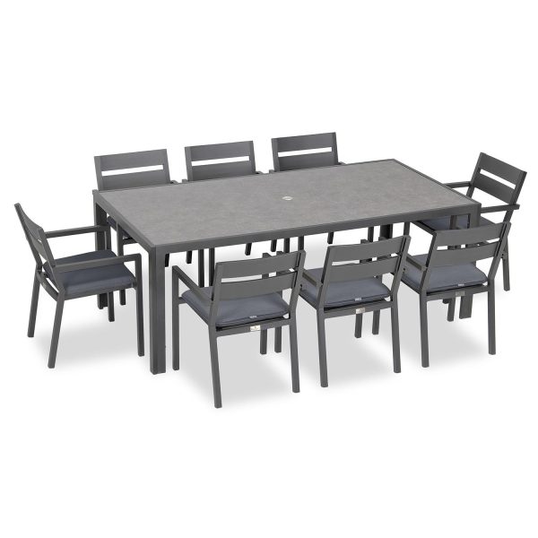 Calm Bay 9 Pc Rectangular Aluminum Dining Set in Slate/Canvas Charcoal by Lakeview Outdoor Designs