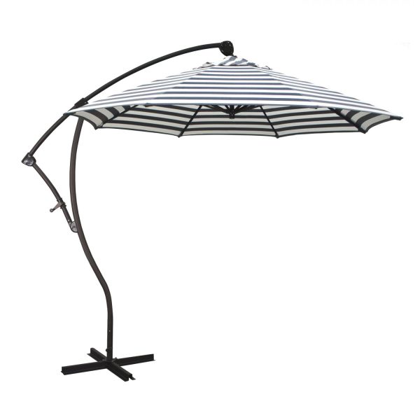 California Umbrella Bayside Series 9 Ft Octagonal Aluminum Cantilever Patio Umbrella W/ Crank Lift - Bronze Frame / Olefin Navy White Cabana Stripe Canopy