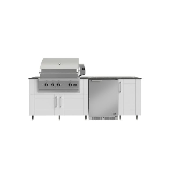 WeatherStrong Bimini 7 1/2 Ft Outdoor Kitchen Island w/ DCS Propane Grill & Refrigerator in Shell White/Midnight Ice