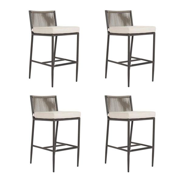 Pietra 4 Piece Rope & Aluminum Patio Barstool Set W/ Sumbrella Echo Ash Cushions By Sunset West