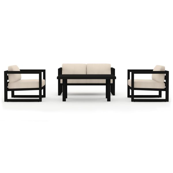 Misty Cove 4 Pc Aluminum Seating Set w/ Portal Coffee Table Black/Canvas Flax by Lakeview Outdoor Designs