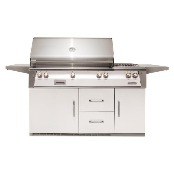 Alfresco ALXE 56-Inch Freestanding Natural Gas Deluxe Grill On Refrigerated Cart With Rotisserie And Side Burner in Signal White Gloss - ALXE-56R-NG-S9003