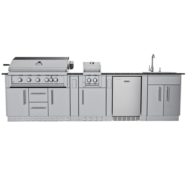 Sunstone Grills Gulf Breeze 10 Ft Outdoor Kitchen Island w/ Natural Gas Grill & Side Burner, Sink, Refrigerator, Door & Drawer