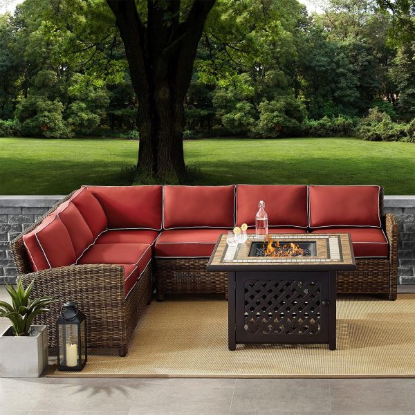 Branchwood 5 Pc Wicker Sectional Seating Set w/ Fire Table in Weathered Brown/Sangria by Ultimate Patio