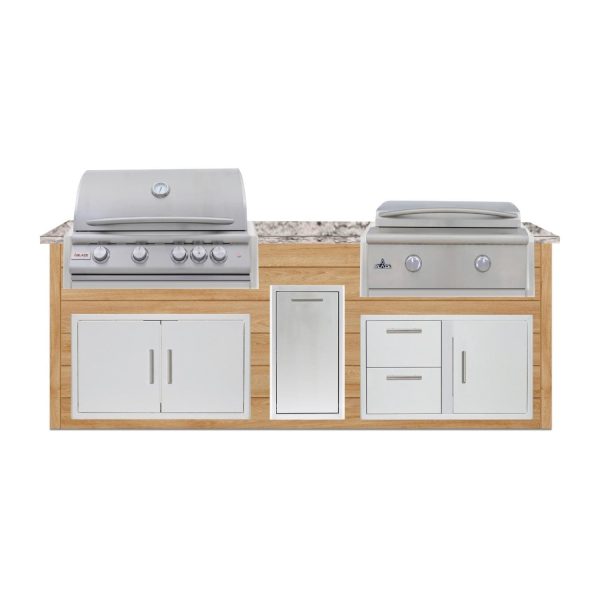 BBQGuys Signature 8 Ft Outdoor Kitchen Island w/ 32 Inch Natural Gas Blaze LTE+ Grill & Griddle & Narrow Trash Bin | Sun Bleached Oak w/ White Granite