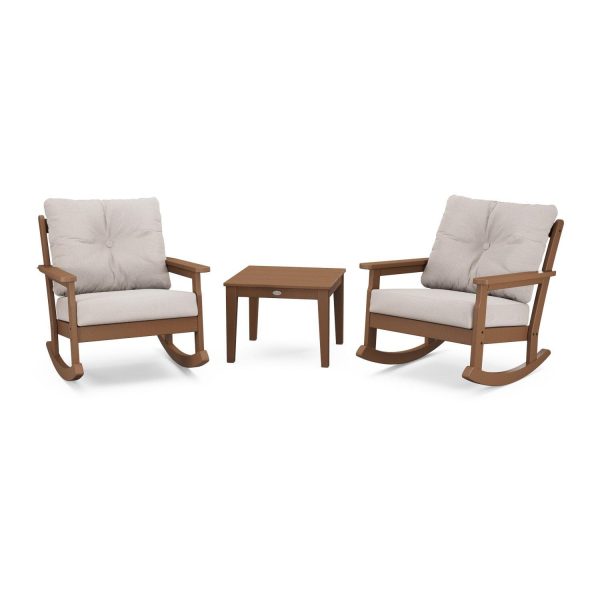 Vineyard 3 Pc Recycled Plastic Rocking Chair Set in Teak/Dune Burlap by POLYWOOD