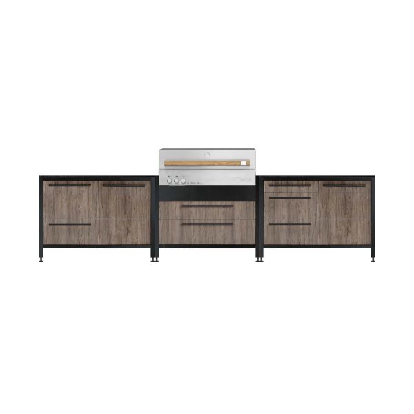 Burnout BBQ Modular Fully Lit Outdoor Kitchen Island w/ Flammkraft Model D Built-In Grill, Triple Drawers, Propane Pullout, and Pullout Waste Bins - Dark Oak
