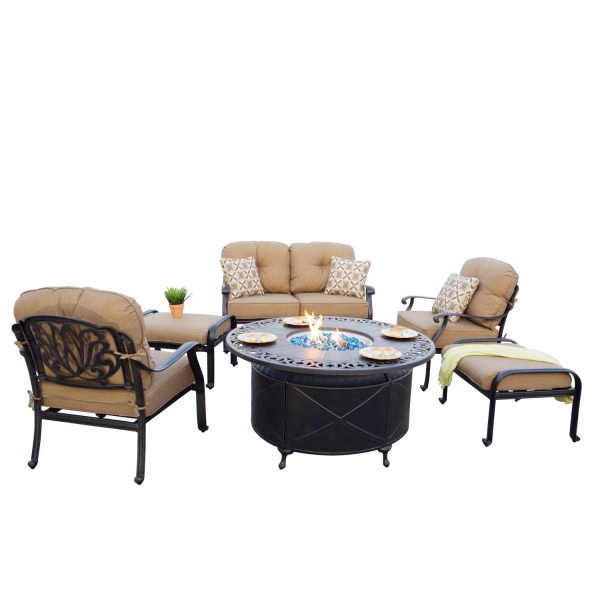 Elisabeth 6 Pc Cast Aluminum Fire Pit Loveseat Seating Set w/ 47 Inch Table & Throw Pillows in Antique Bronze/Sesame by Darlee