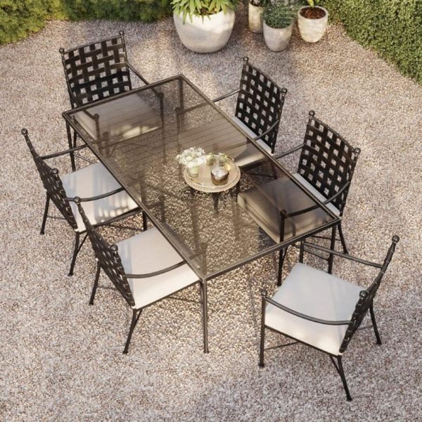 Provence 7 Pc Wrought Iron Dining Set W/Sunbrella Canvas Flax Cushions in Century Pewter By Sunset West