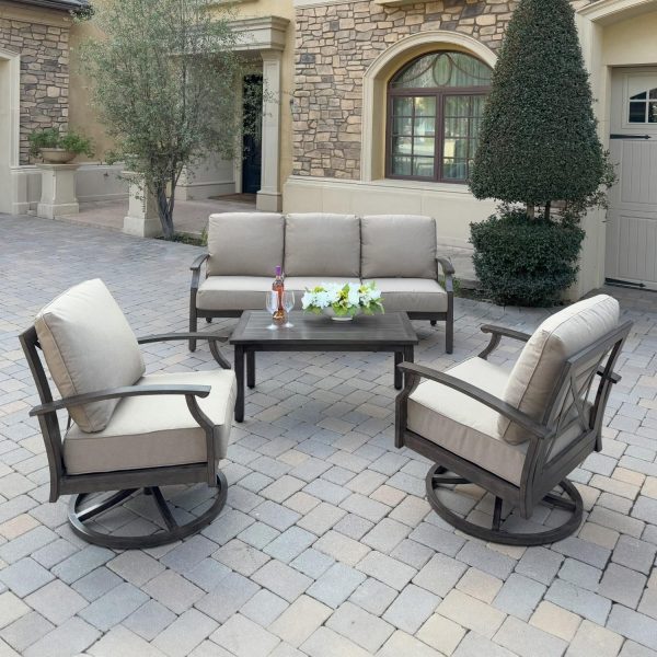 Atlantis 4 Pc Aluminum Seating Set w/ Sofa & 2 Swivel Rocker Club Chairs in Walnut/Beige by Darlee