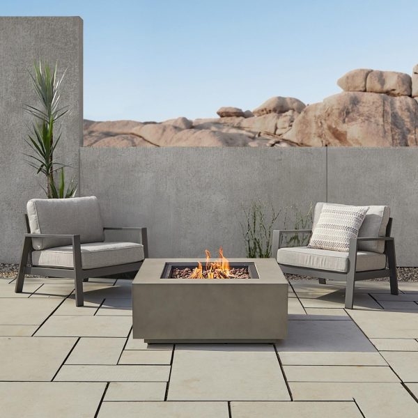 Elysian 3 Pc Powder Coated Steel Seating Set w/ 36 Inch Square Fire Pit in Mist Gray by Lakeview Outdoor Designs