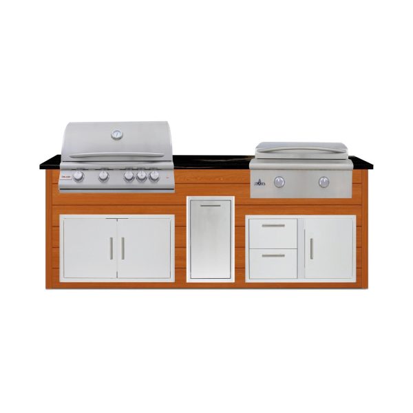 BBQGuys Signature 8 Ft Outdoor Kitchen Island w/ 32 Inch Propane Blaze LTE+ Grill & Griddle & Narrow Trash Bin | Chai Cedar w/ Titanium Granite