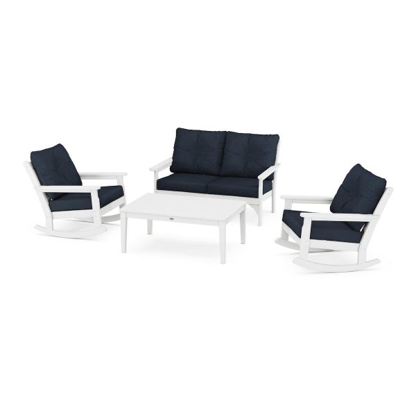 Vineyard 4 Pc Recycled Plastic Seating Set w/ Rocking Chairs in White/Marine Indigo by POLYWOOD