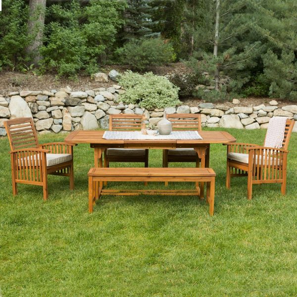 Ultimate Patio Horizon Way 6 Piece Brown Acacia Patio Dining Set W/ 55 X 35 Inch Extension Table & Natural Cushions