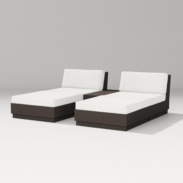 Elevate 5 Pc Recycled Plastic Double Chaise Lounge Seating Set in Vintage Coffee/Natural Linen By PW Designer Series