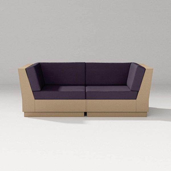 Elevate 2 Person Recycled Plastic Sectional Loveseat in Vintage Sahara/Navy Linen By PW Designer Series