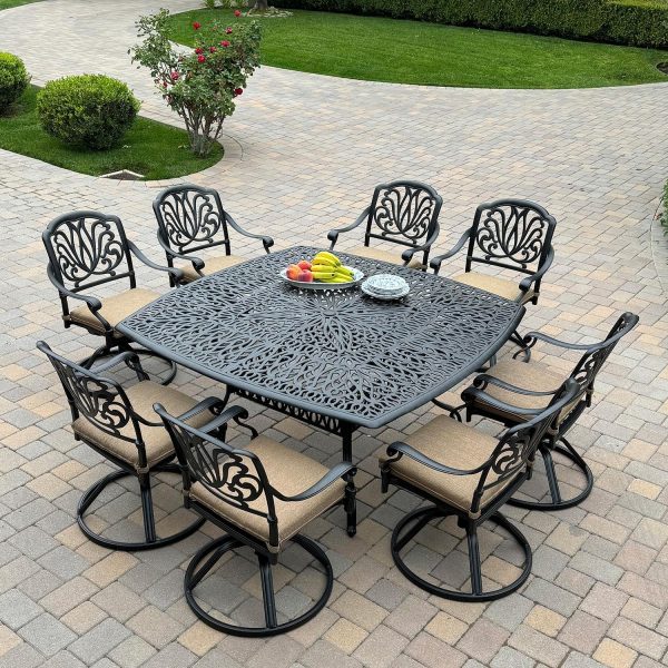 Elisabeth 9 Pc Cast Aluminum Dining Set w/ 64 Inch Table & Swivel Rockers in Antique Bronze/Sesame by Darlee