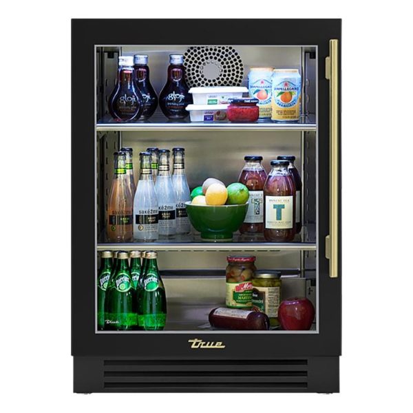 True 24 Inch 5.6 Cu. Ft. Left Hinge Glass Door Outdoor Refrigerator - Matte Black w/ Brass Handles - TUR-24-L-OG-C~DSK-027-H01