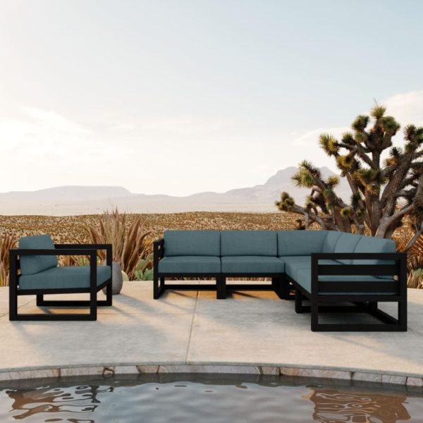 Misty Cove 6 Pc Aluminum Seating Set w/ Sectional in Black/Cast Lagoon by Lakeview Outdoor Designs