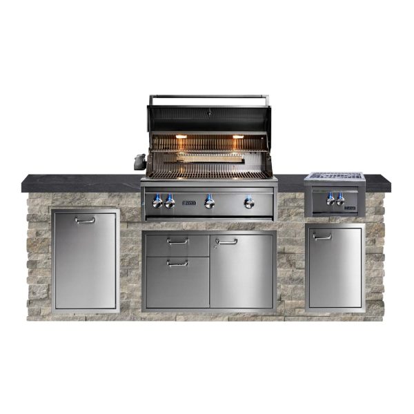 BBQGuys Signature 8ft Luxury Outdoor Kitchen w/ Lynx Professional 36-Inch Propane Grill & Power Burner - Silver Travertine Stone w/ Black Polished Granite