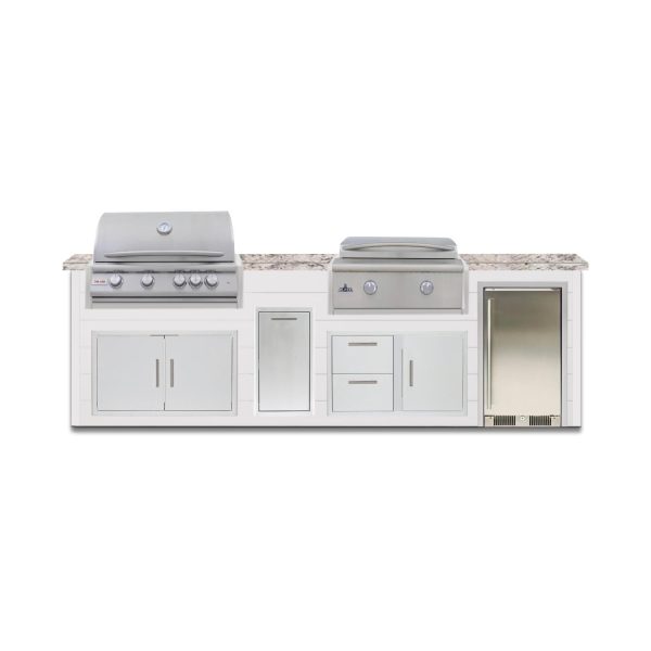 BBQGuys Signature 10 Ft Outdoor Kitchen Island w/ 32 Inch Natural Gas Blaze LTE+ Grill & Griddle & Narrow Trash Bin | Crystal White w/ White Granite