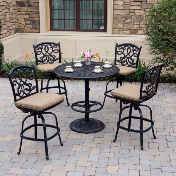 Santa Monica 5 Pc Cast Aluminum Bar Set w/ 42 Inch Round Series 80 Table & Armless Bar Stools in Antique Bronze/Sesame by Darlee
