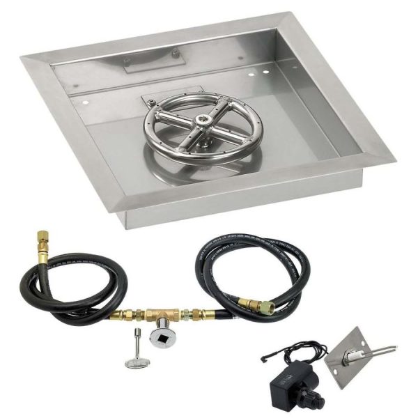 BBQGuys Signature 12 Inch Stainless Steel Square Drop-In Pan W/Spark Ignition Kit - 6 Inch Ring - Natural Gas