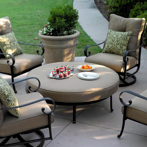 Santa Anita 5 Pc Cast Aluminum Seating Set w/ Round Ottoman & 2 Swivel Rockers in Antique Bronze/Linen Sesame by Darlee