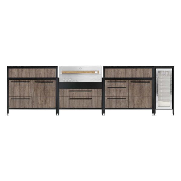 Burnout BBQ Modular Fully Lit Outdoor Kitchen Island w/ Flammkraft Model D Built-In Grill, Caso 4.4 Cu Ft. Refrigreator, Double Drawers, Propane Pullout, and Pullout Waste Bins - Dark Oak