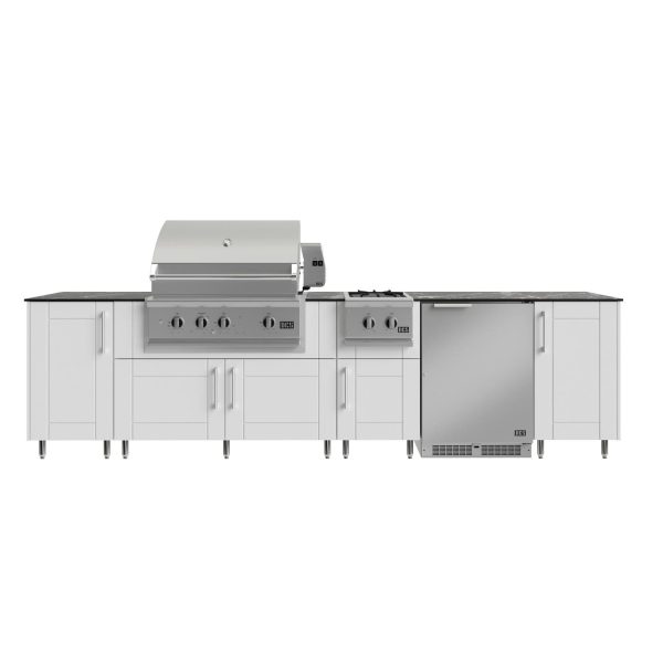 WeatherStrong Nassau 10 1/2 Ft Outdoor Kitchen Island w/ DCS Propane Grill, Side Burner & Refrigerator in Shell White/Midnight Ice