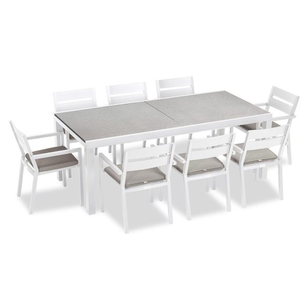 Calm Bay 9 Pc Extendable Aluminum Dining Set in White/Concrete/Cast Silver by Lakeview Outdoor Designs