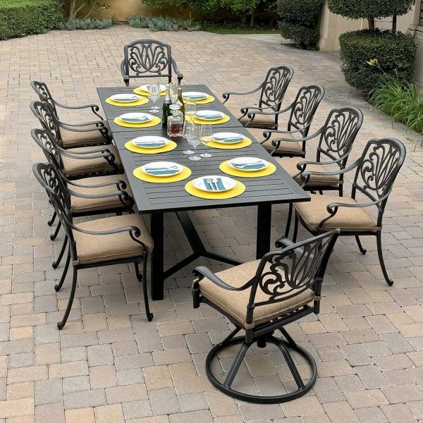 Elisabeth 11 Pc Cast Aluminum Dining Set w/ 91 X 40 Inch Atlantis Table & Swivel Rockers in Antique Bronze/Sesame by Darlee