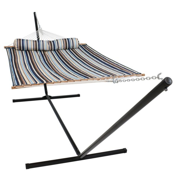 Ultimate Patio Quilted Double Hammock & Pillow w/ 15-Foot Black Stand - Ocean Isle
