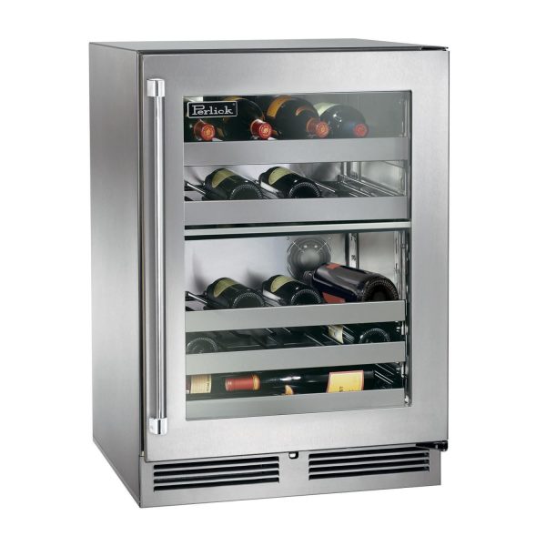 Perlick 24-Inch Signature Series Marine & Coastal Series Stainless Steel Glass Door Outdoor Dual-Zone Wine Reserve - Right Hinge - HP24DM-4-3R