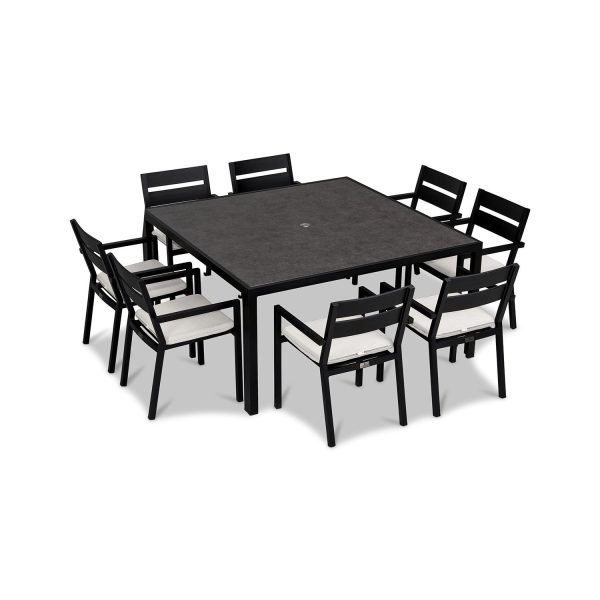 Calm Bay 9 Pc Square Aluminum Dining Set in Black/Canvas Natural by Lakeview Outdoor Designs
