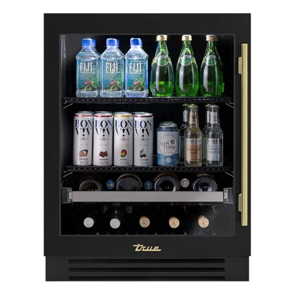 True ADA Height 24 Inch 105 Can 12 Bottle Left Hinge Glass Door Outdoor Beverage Center - Matte Black w/ Brass Handle - TUBADA-24-LG-A~027-H01