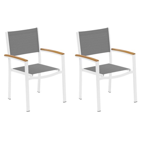 Travira 2 Pc Composite Sling & Aluminum Dining Chair W/ Natural Tekwood Arm Caps in Chalk/Titanium By Oxford Garden