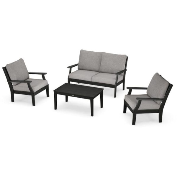 Braxton 4 Pc Recycled Plastic Seating Set w/ Coffee Table in Black/Gray Mist by POLYWOOD