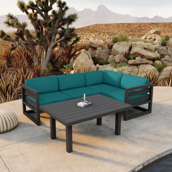 Misty Cove 5 Pc Aluminum Seating Set w/ Sectional & Classic Chat Table in Slate/Spectrum Peacock by Lakeview Outdoor Designs