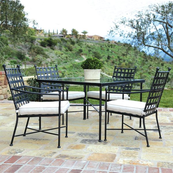 Provence 5 Piece Wrought Iron Patio Dining Set W/ 44-Inch Square Table & Sunbrella Canvas Flax Cushions By Sunset West