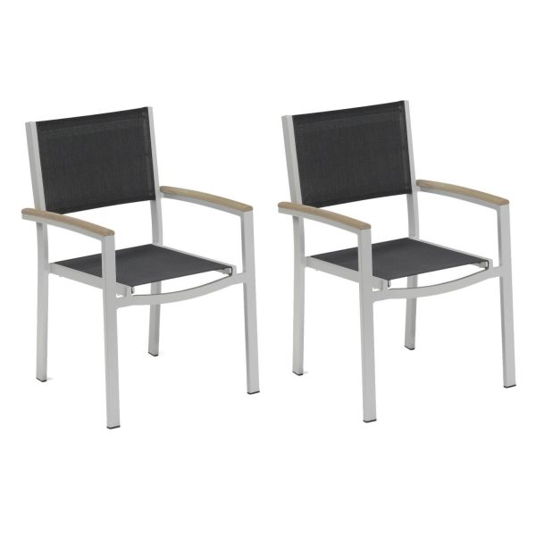 Travira 2 Piece Aluminum Dining Arm Chair Set W/ Black Sling & Tekwood Vintage Arm Caps By Oxford Garden