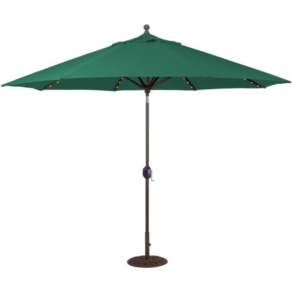 Galtech 11 Ft. Lighted LED Octagonal Aluminum Patio Market Umbrella W/ Crank Lift And Auto Tilt - Black Frame W/ Sunbrella Canvas Forest Green Canopy
