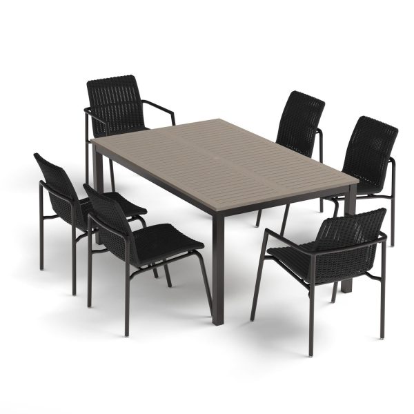 Orso 7 Pc Wicker & Aluminum Dining Set W/ Vintage Tekwood Table Top in Carbon/Shadow By Oxford Garden