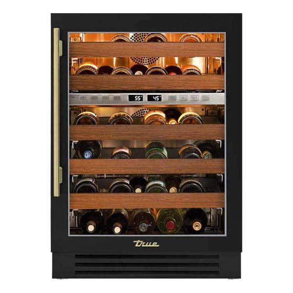 True 24 Inch 45 Bottle Right Hinge Glass Door Outdoor Dual Zone Outdoor Wine Cabinet - Matte Black w/ Brass Handle - TWC-24DZ-R-OG-C~DSK-027-H01