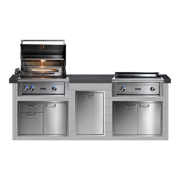 BBQGuys Signature 8ft Luxury Outdoor Kitchen w/ Lynx Professional 30-Inch Propane Grill & 30-Inch Asado - Light Gray Steel w/ Black Polished Granite