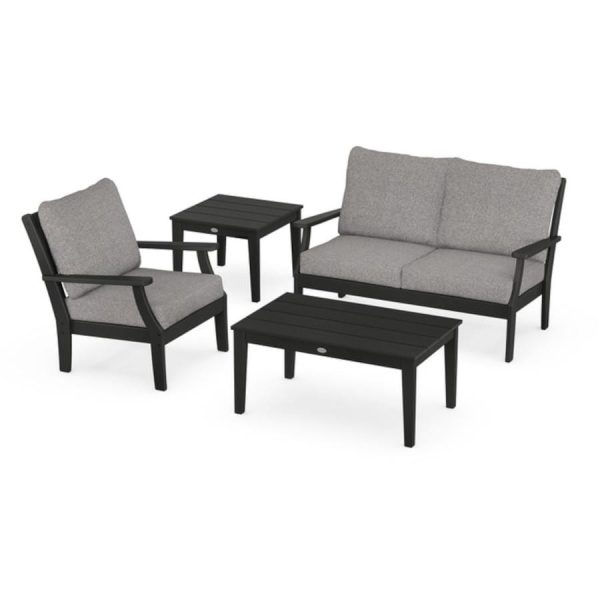 Braxton 4 Pc Recycled Plastic Seating Set w/ Coffee & End Table in Black/Gray Mist by POLYWOOD