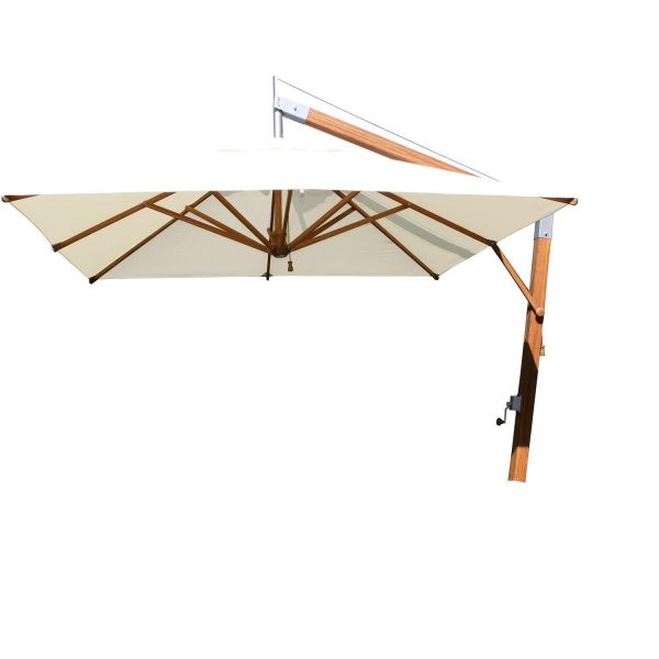 Bambrella 11 Ft. Square Bamboo Levante Side Wind Umbrella Set w/ Deck Plate Surface Mount in Ice White