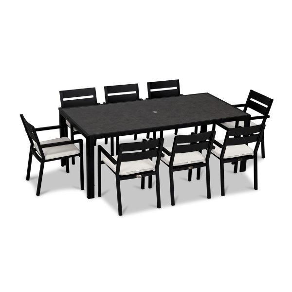 Calm Bay 9 Pc Rectangular Aluminum Dining Set in Black/Canvas Natural by Lakeview Outdoor Designs